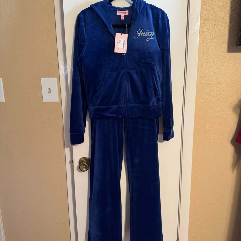 NWT Juicy Couture Velour Tracksuit Set L Mascot Blue Rhinestone Y2K Bling